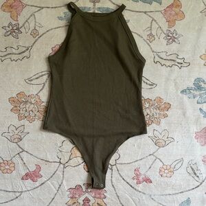 American Eagle Outfitters Olive Green Ribbed Halter One-Piece Bodysuit
